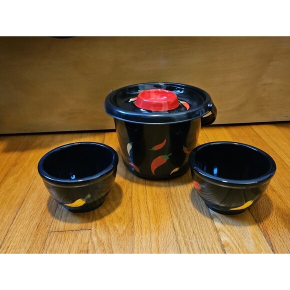 Vintage Y2k Black 4 piece Chip & Dip Serving Set Chili Pepper Design - Picture 1 of 10